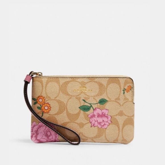Coach Prairie Rose Print Signature Coated Canvas Corner Zip Wristlet Bag - Picture 1 of 5